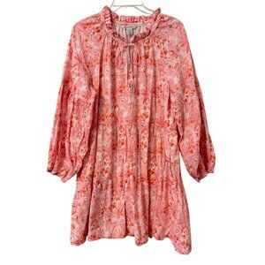 Tommy Bahama Floral Red/White Long-Sleeve Tie-Neck Tunic Dress XL Cotton Blend